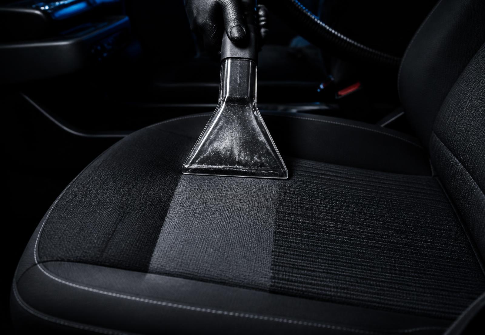 Extraction wand lifting soiling from a dark fabric car seat