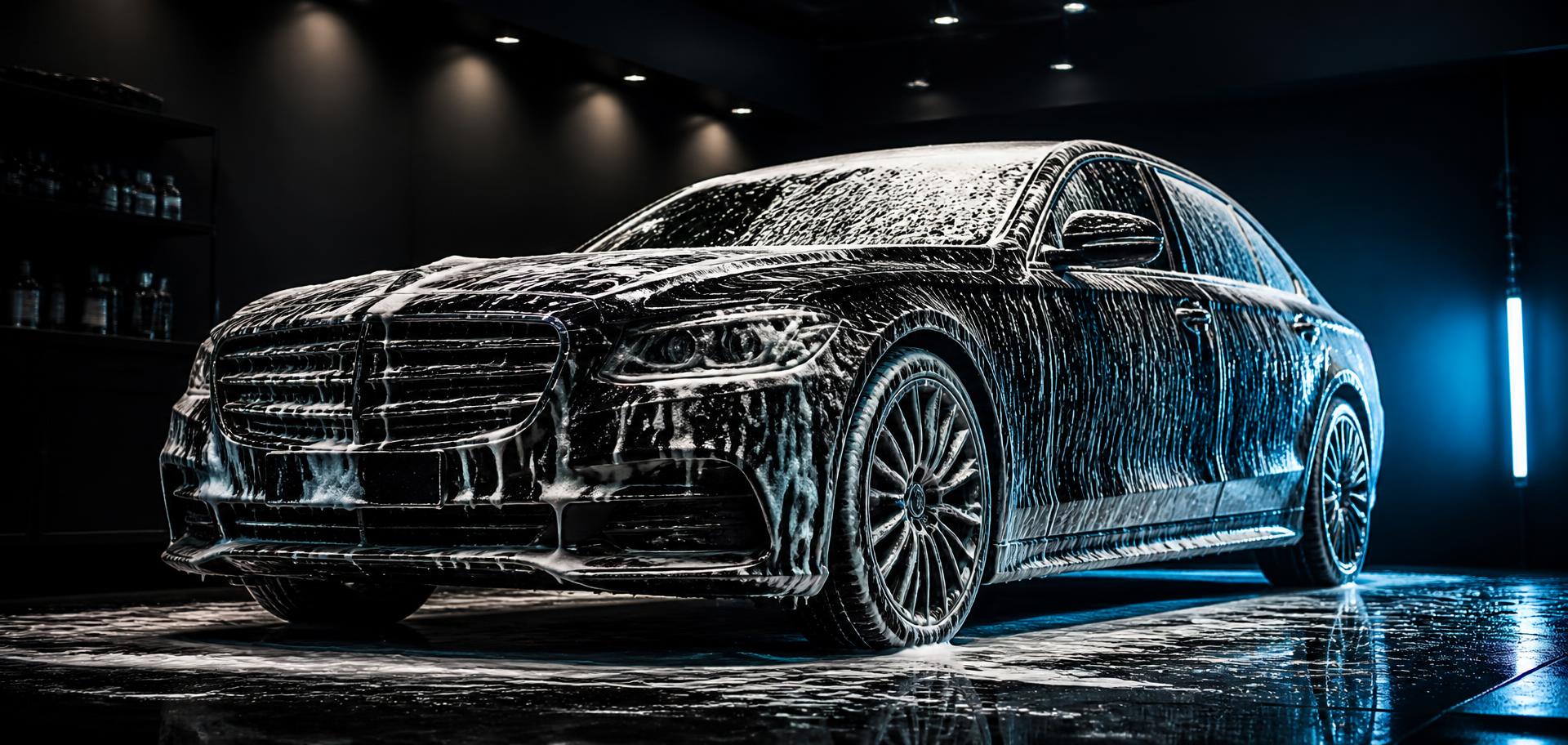 Dark sedan covered in thick snow foam during a pre-wash