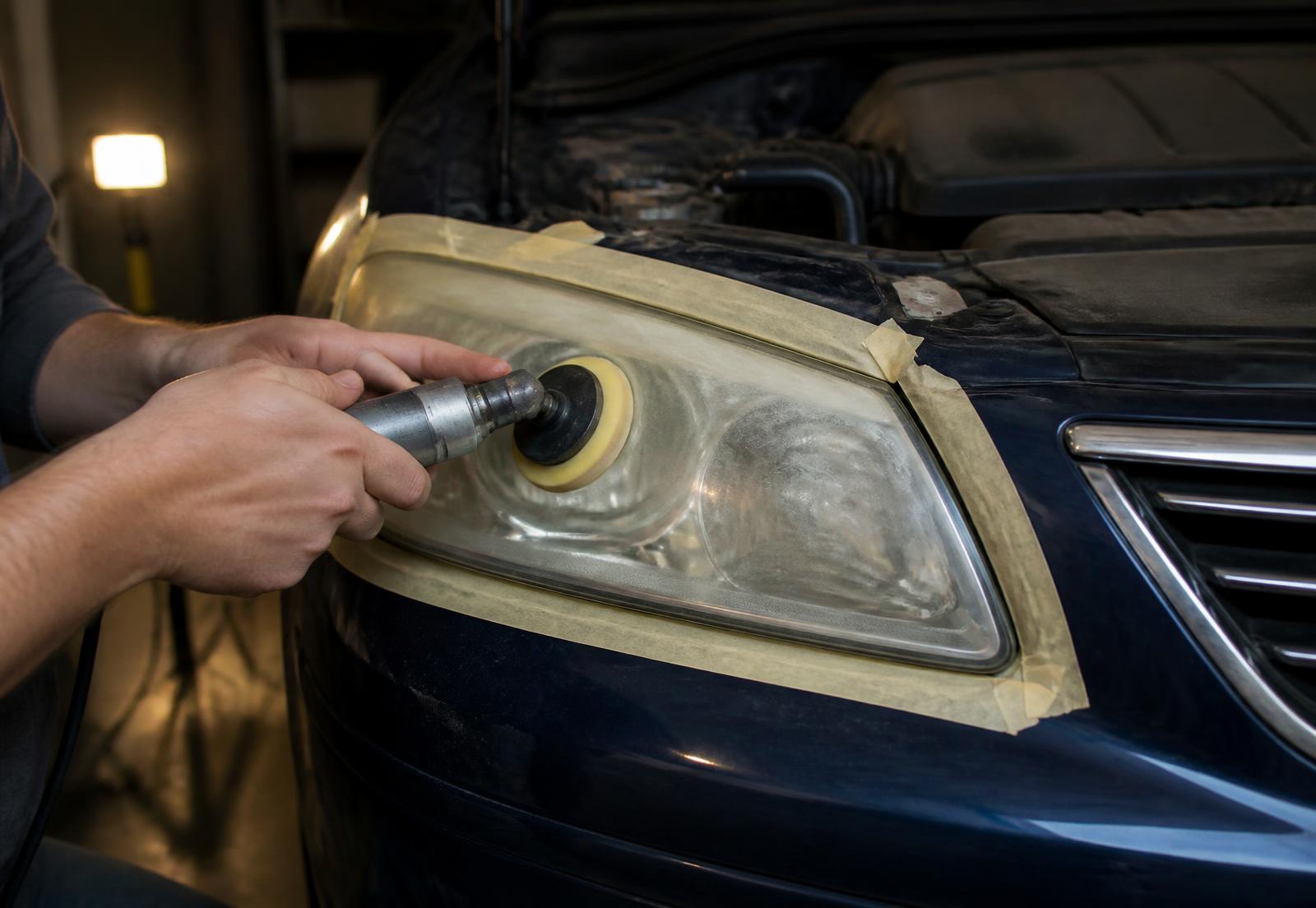 Technician polishing a hazed headlight lens on a dark blue sedan with taped-off edges