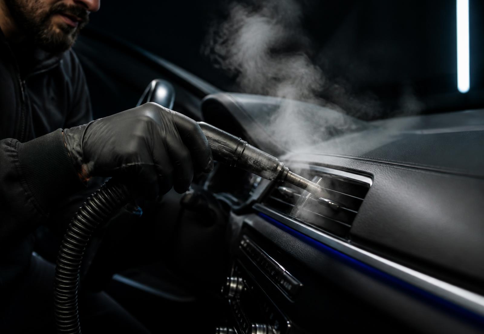 Steam cleaner nozzle directed into a car dashboard vent