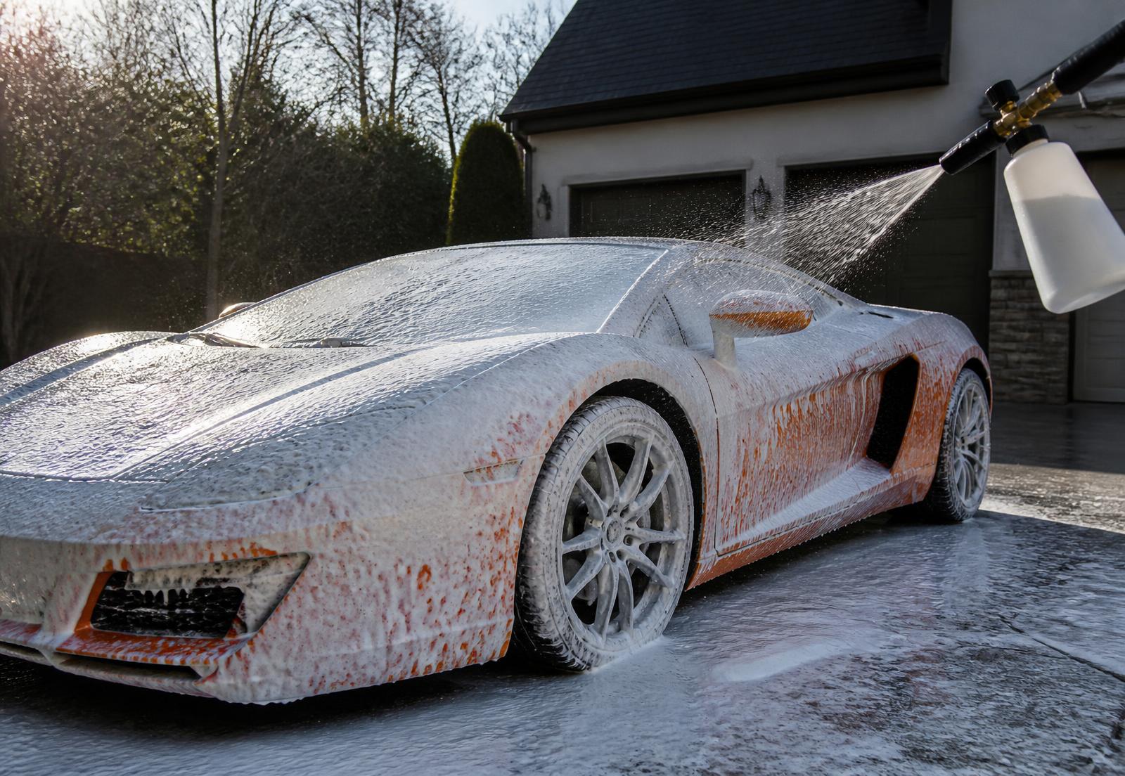 Foam cannon covering an orange supercar in thick snow foam on a residential driveway