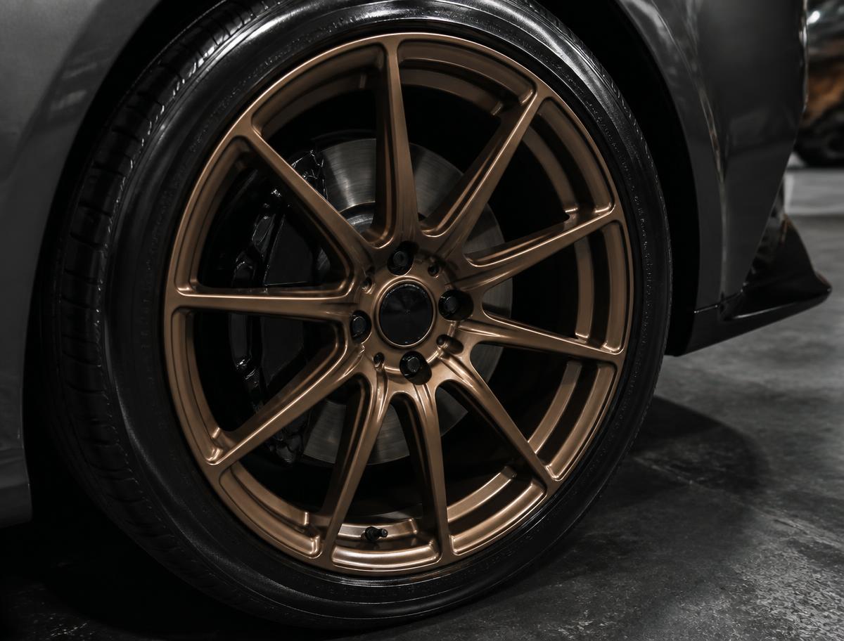 Polished bronze multi-spoke alloy wheel with a freshly dressed tire