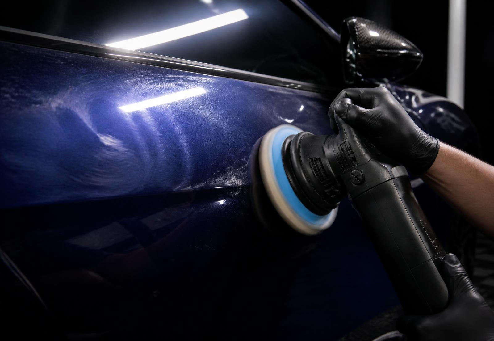 Dual-action polisher working a midnight-blue supercar door panel under a corrective light bar