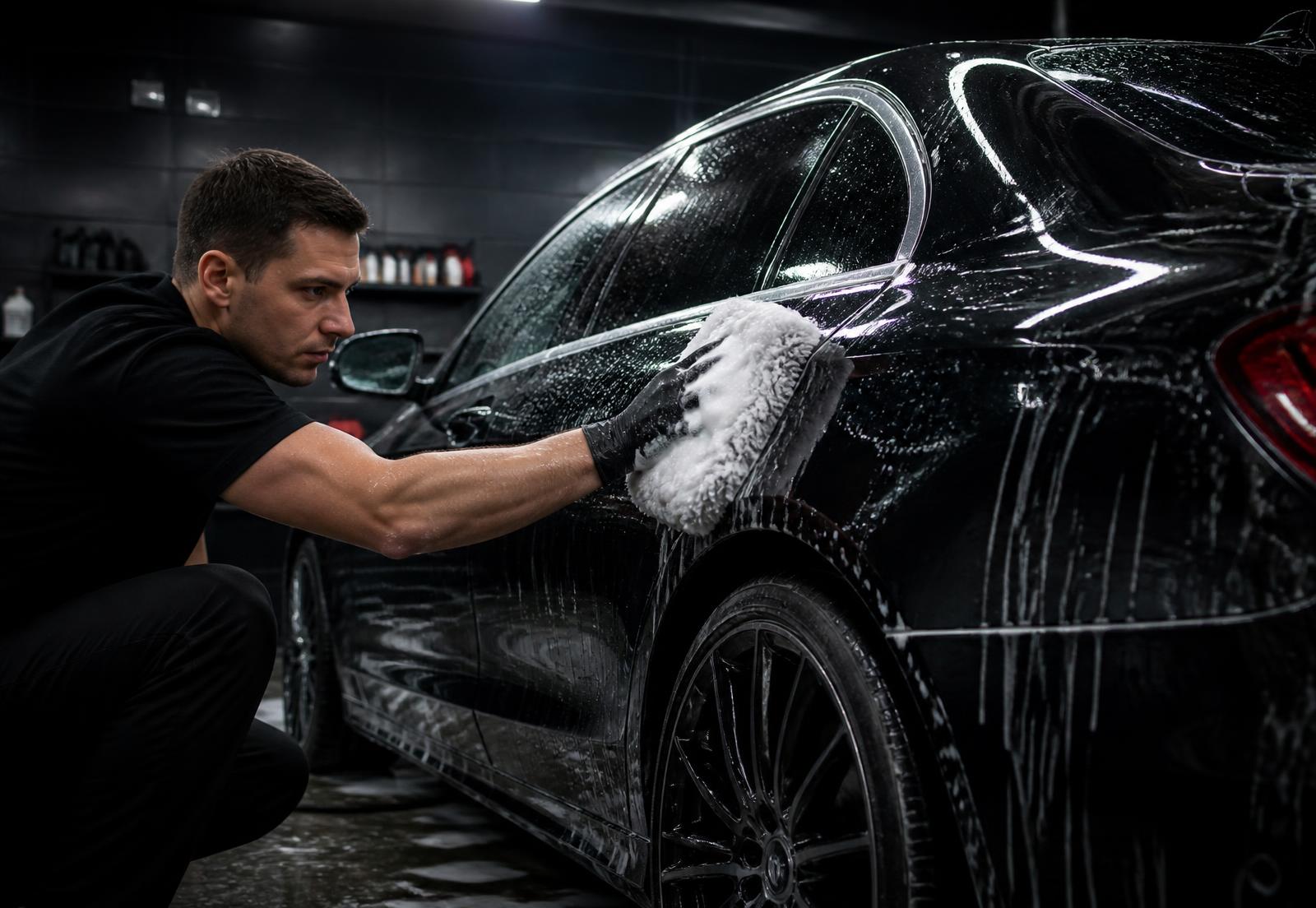 Detailer hand washing the flank of a black German luxury sedan with a foamed microfiber mitt