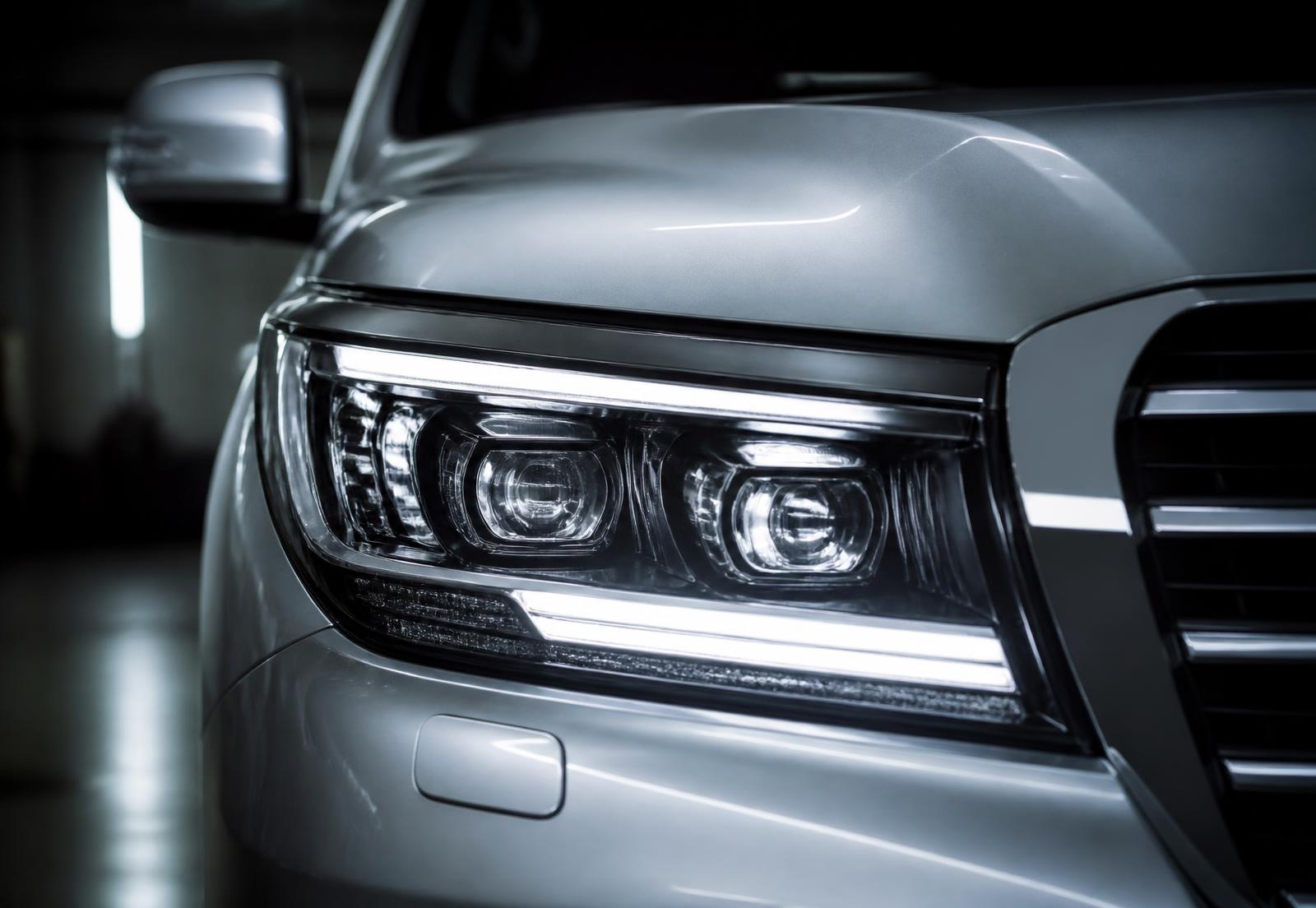 Crystal-clear restored LED headlight on a silver luxury SUV