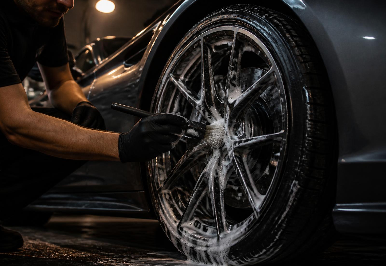 Forged wheel of a dark grey exotic supercar being cleaned with a soft brush and suds